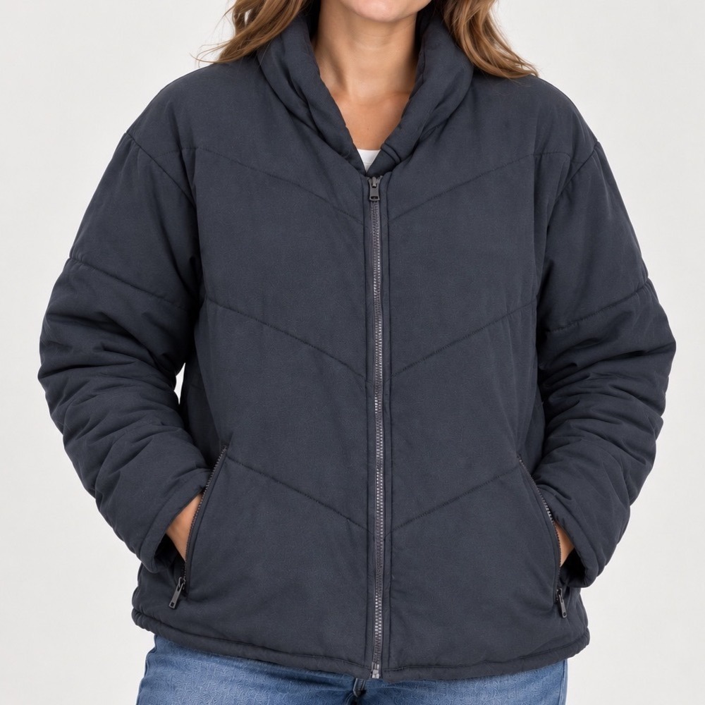 Three Dots Women XXL Charcoal Gray Quilted Chevron Puffer Jacket Full Zip